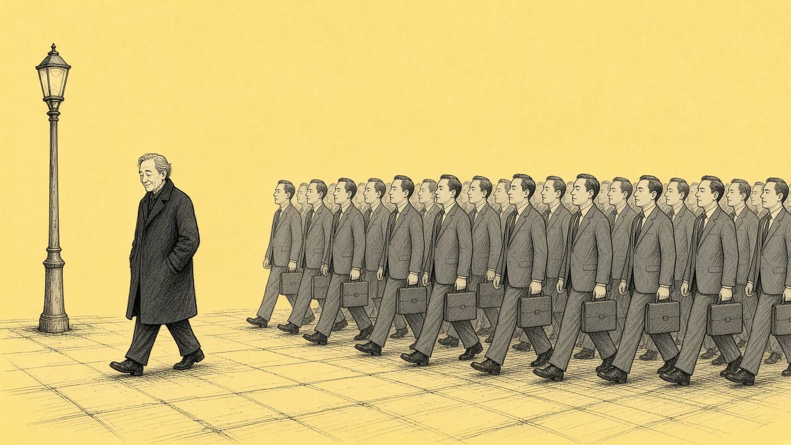 Una figura camina contra la corriente de ejecutivos idénticos